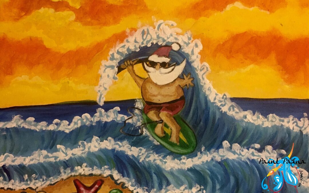 “Santa Surfs” Paint Pāʻina & The Twin Fin Hotel, Waikiki Oceanfront – Paint and Sip 🎨 BOOK NOW🖌or 📞 808 497-7704 🍷