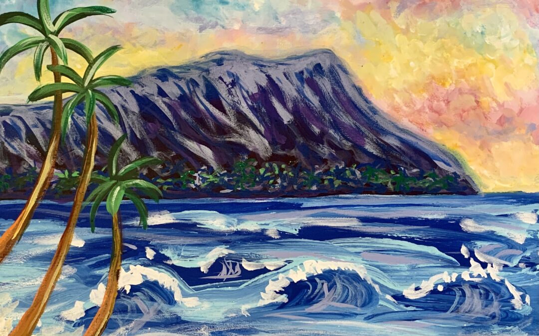 Paint Pāʻina & The Twin Fin Hotel, Waikiki Oceanfront – Diamond Head three Palms