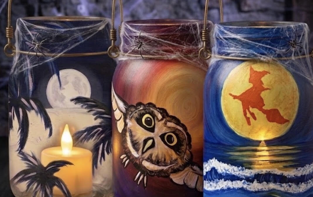 “Halloween Jarnterns” Paint Pāʻina & Pizza Press Pearl Highlands 🍕Paint and Sip 🎨 BOOK NOW 🖌or 📞808 781-2218 🍷